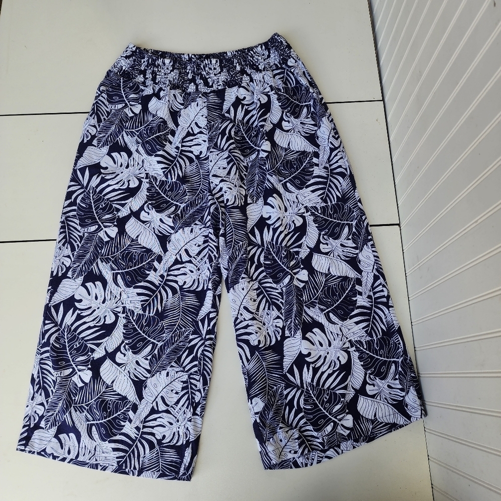 Tahari Linen Viscose Wide Leg Crop Pant Women Navy Blue Smocked Waist Stretch 1X